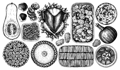 Thanksgiving day traditional dishes illustrations. Roasted turkey, cooked vegetables, rolled meat, pumpkin, cakes sketches. Vintage autumn food for Thanksgiving day dinner. Vector menu  elements. 